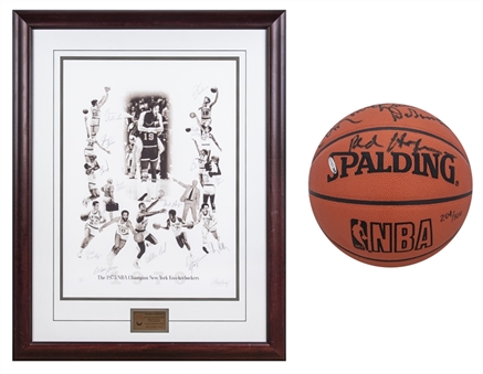 1973 New York Knicks Team Signed Pair of (2) Items Including Team Signed NBA Game Basketball 204/500 & 30x38" Framed Litho 90/250 (UDA & PSA/DNA)  